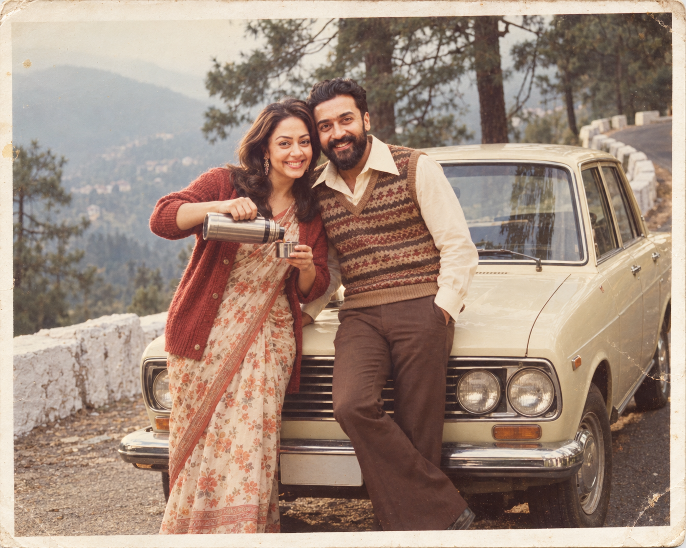 Couple in 1980s knitwear and chiffon laughing beside a cream vintage sedan on a misty pine-lined hill road, faded print.