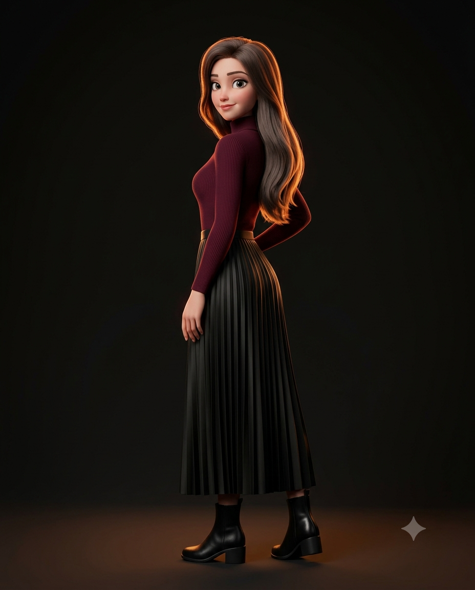 Stylized 3D render of a woman with long wavy brown hair looking over her shoulder in a high-neck burgundy sweater, black pleated skirt, and ankle boots against a dark background with warm rim lighting.