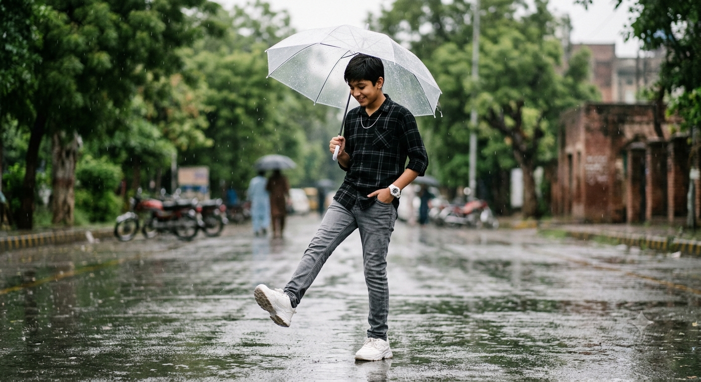 A Pakistan boy standing on a wet street during light rain
