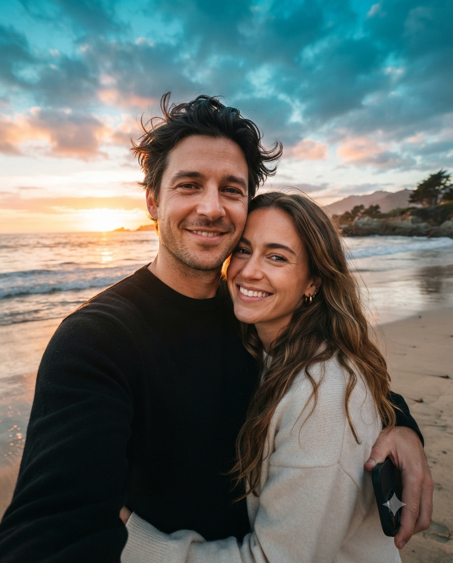 An authentic smartphone selfie of a couple smiling together on a beach during a golden hour sunset, featuring gentle ocean waves, wet sand reflections, and a dramatic turquoise cloud-filled sky.