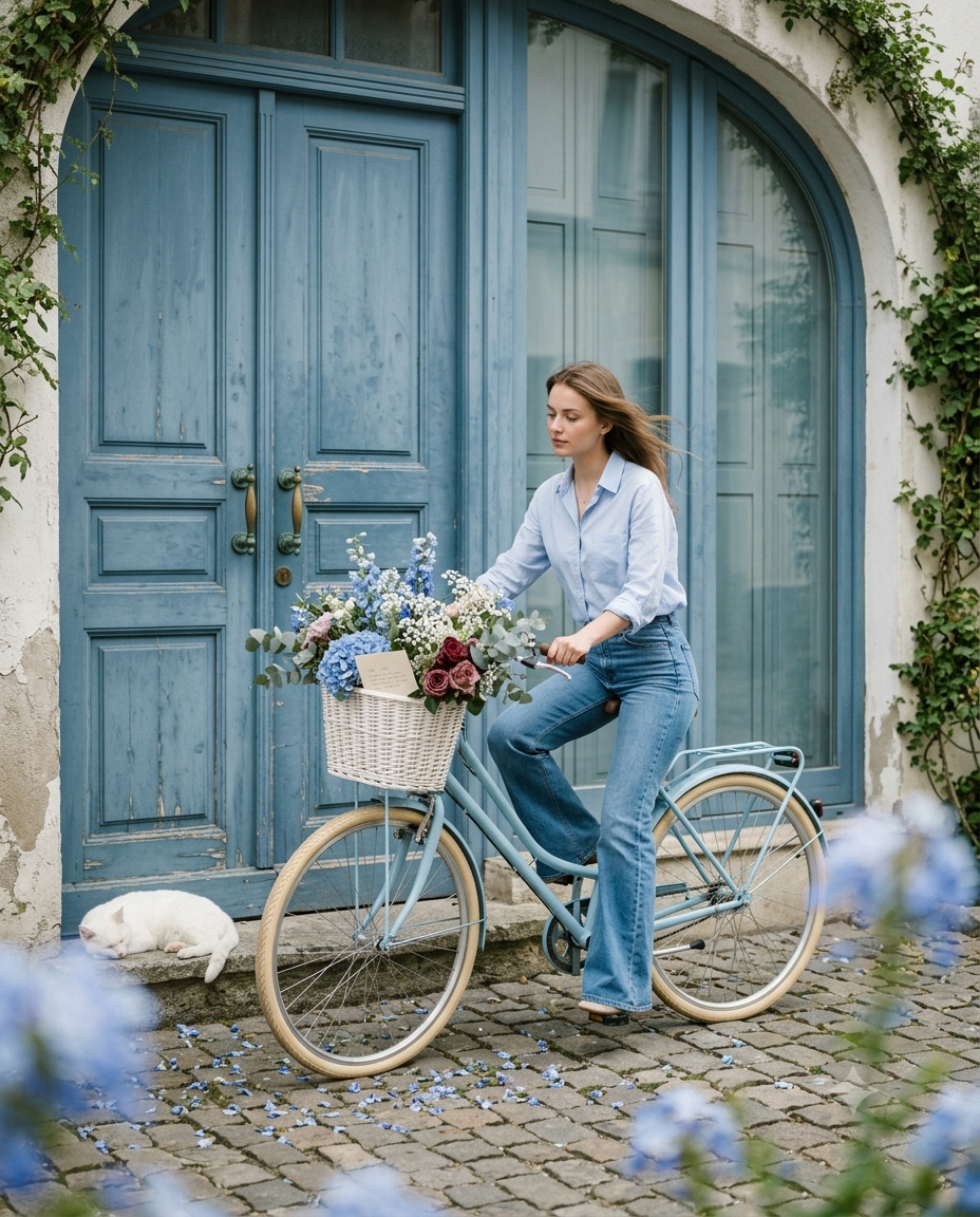 Aesthetic Woman with Floral Basket & Vintage Bike