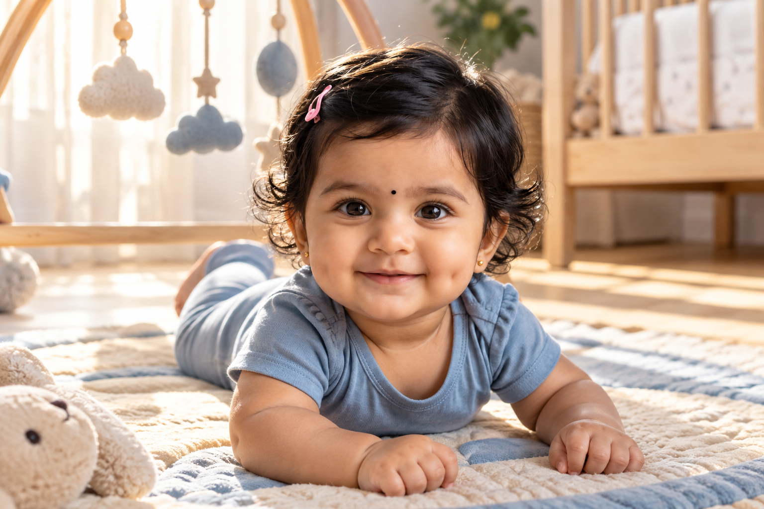 Baby in a dusty blue bodysuit pushing up during tummy time on a round play mat in a sunlit nursery.