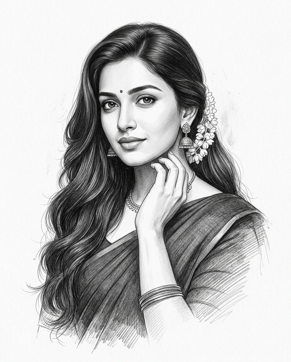 Beautiful Indian Woman Saree Pencil Sketch