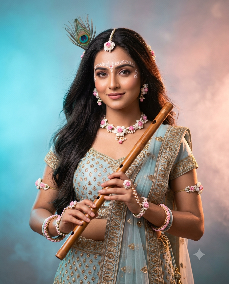 Beautiful Radha Portrait with Floral Jewelry and Flute