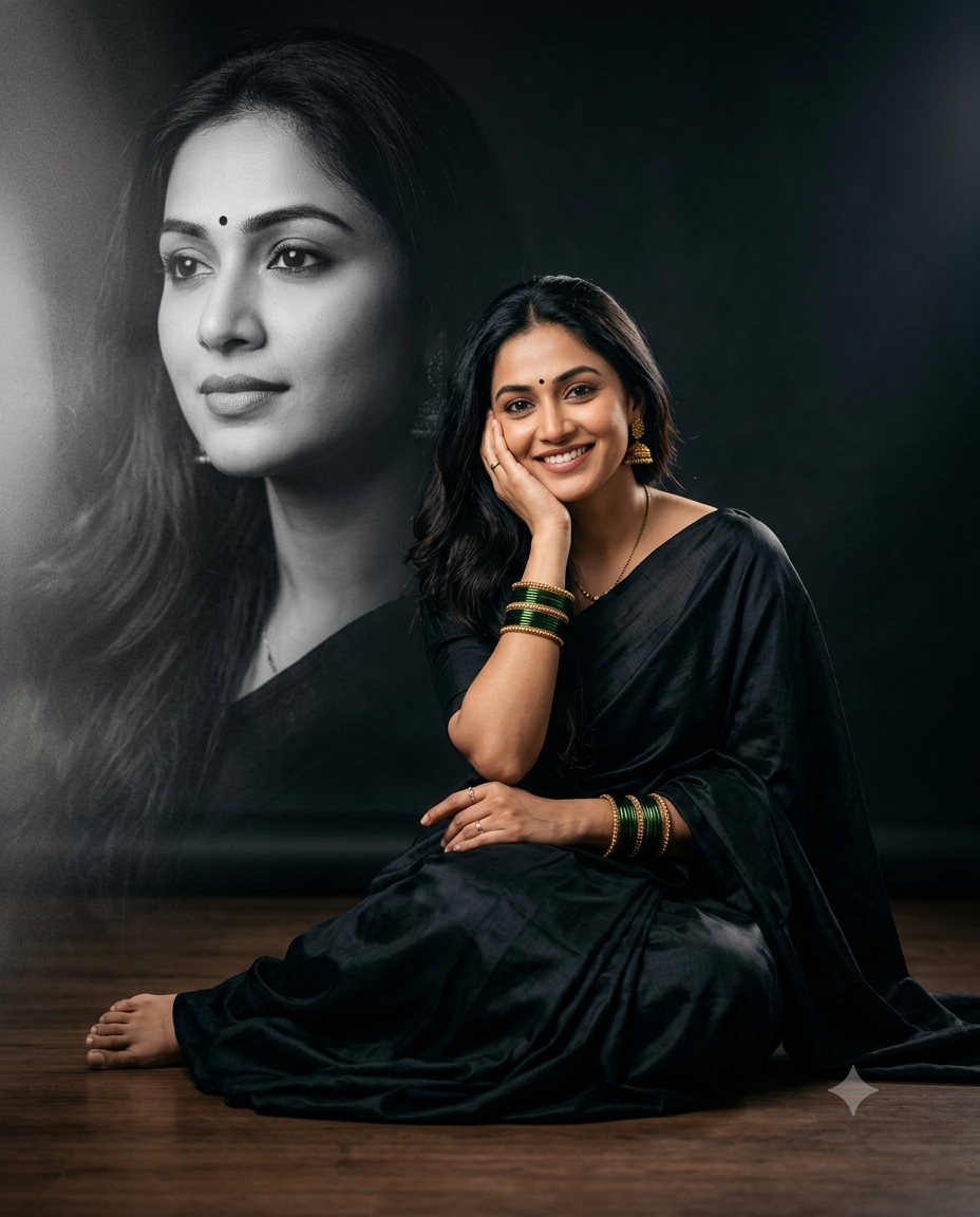 Black Saree Portrait with Monochrome Face Overlay