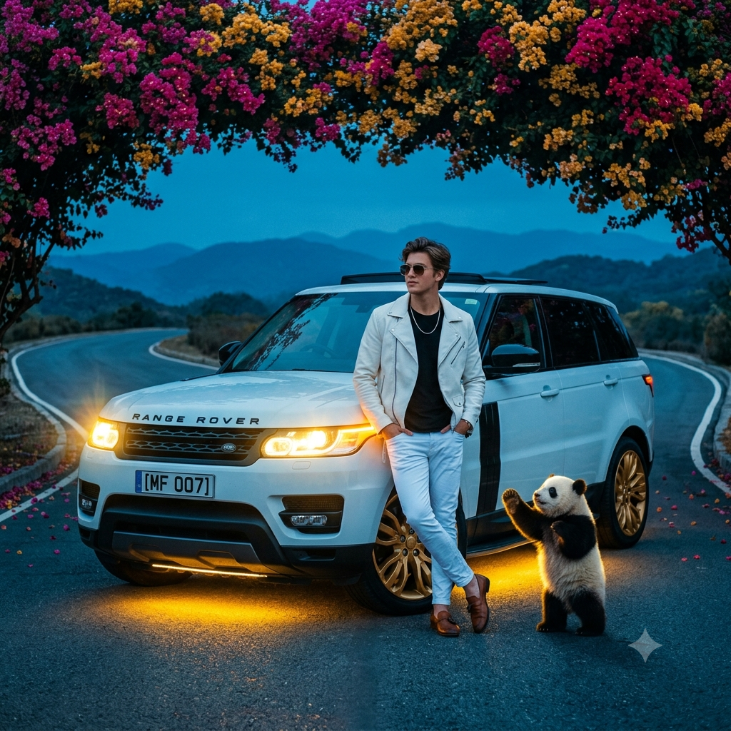 Boy Stylish portrait with SUV and panda
