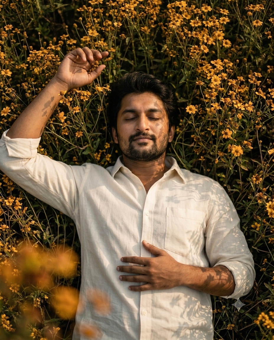 "Overhead photo of a man with eyes closed lying peacefully in a field of golden yellow wildflowers, bathed in warm sunset sunlight."