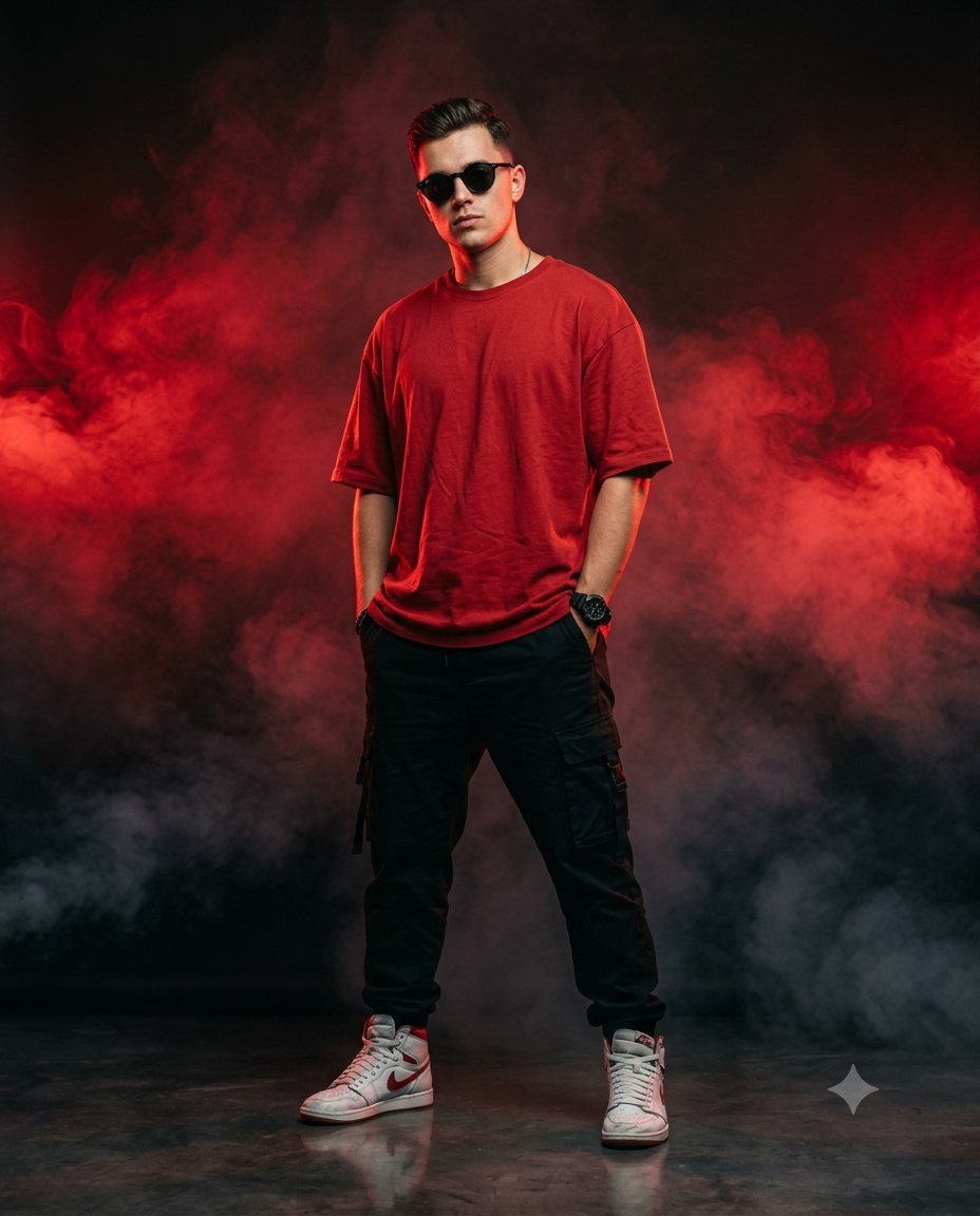 Cinematic Streetwear Fashion Portrait in Dramatic Smoke