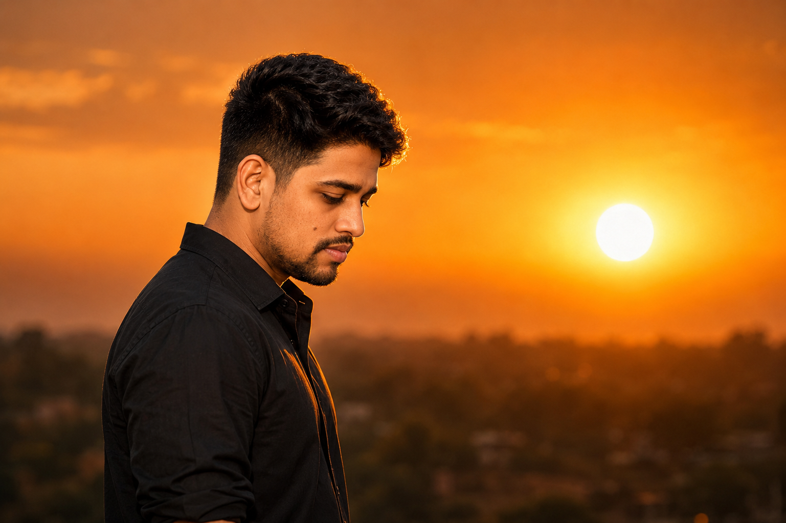 Cinematic Sunset Profile Portrait — Keep the Same Face — AI prompt preview
