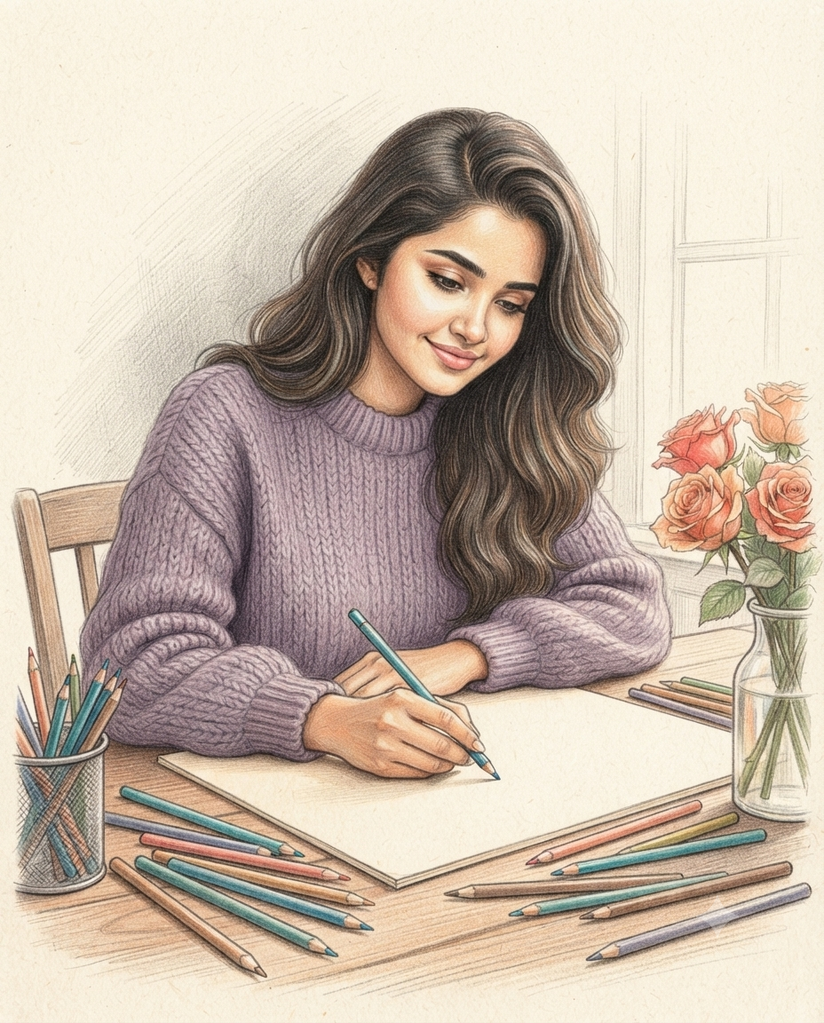 A detailed colored-pencil illustration of a woman with a gentle smile and long hair wearing an oversized lavender sweater, writing at a wooden desk with scattered pencils and peach roses, rendered with fine cross-hatching and visible paper grain.