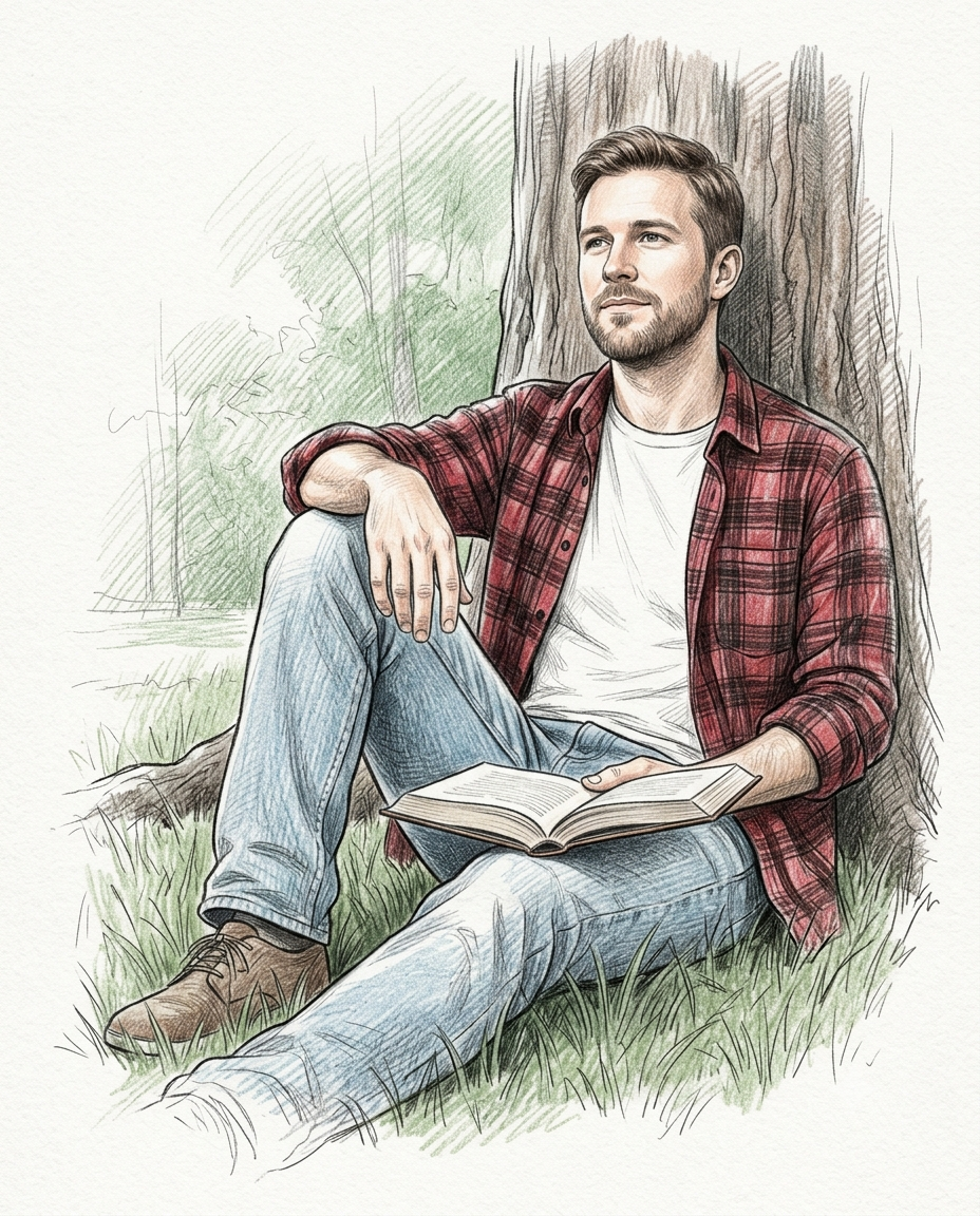 Colored Pencil Sketch of Young Man Reading
