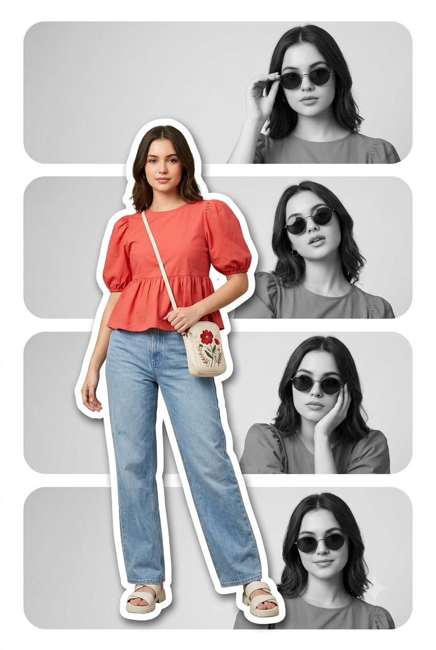 full-body fashion collage portrait set against a clean white background featuring four stacked, monochrome horizontal panels with rounded corners.