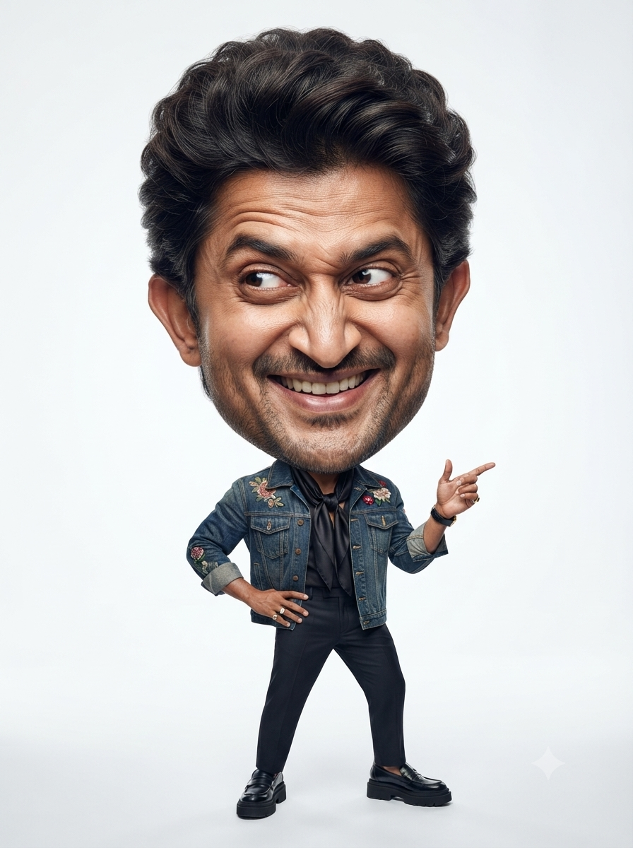Hyper-realistic editorial caricature of a man with an oversized head and tiny body, featuring a mischievous grin, side-eye expression, and stylish streetwear against a clean studio background.