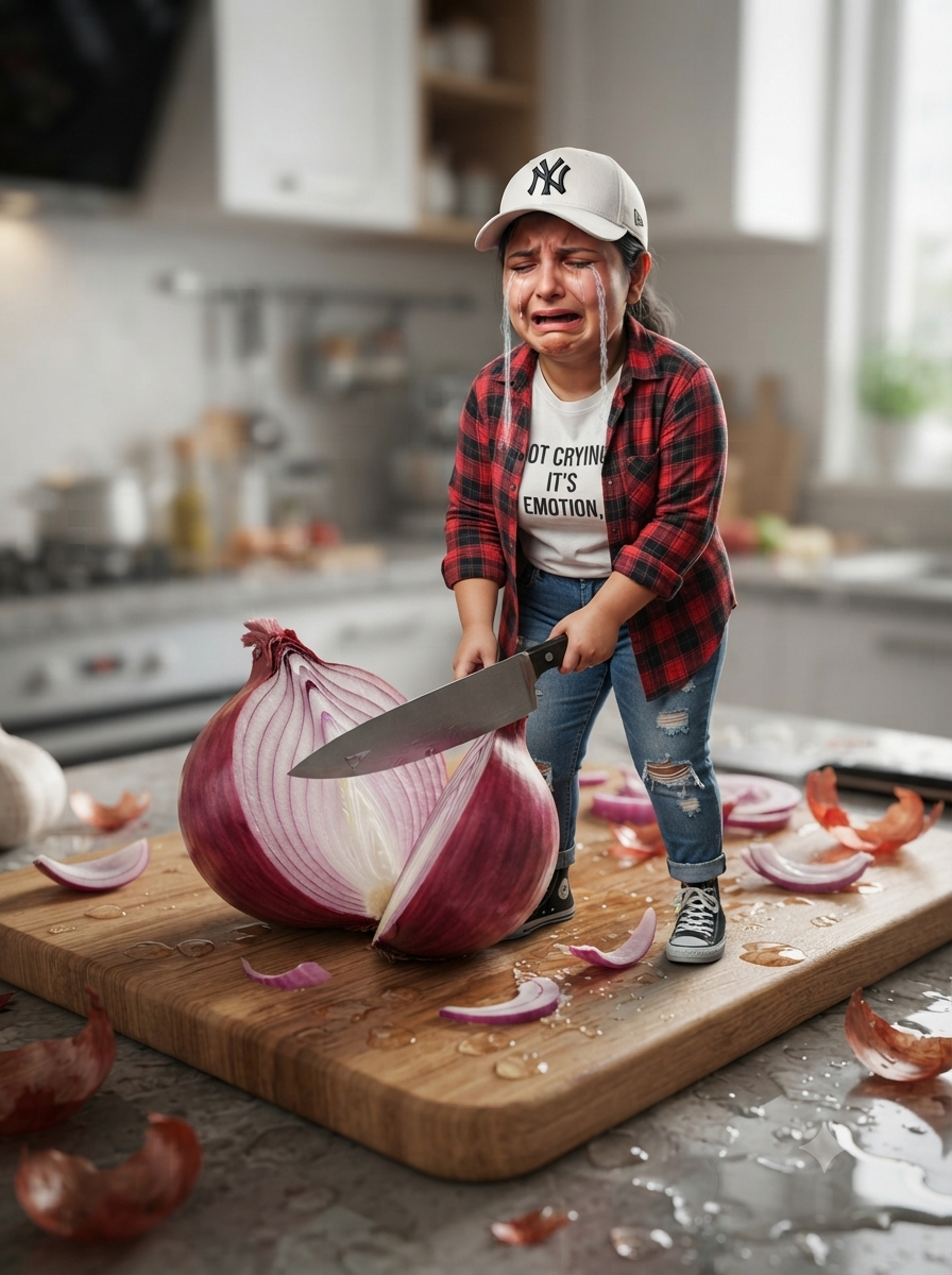 kitchen knife crying tears of water while chopping a massive red onion on a wooden cutting board in a kitchen.