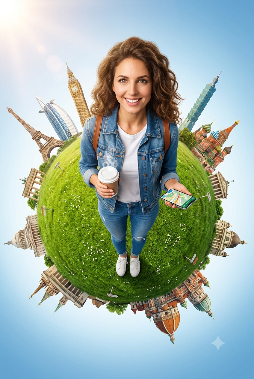 360-degree "tiny planet" stereographic portrait of a cheerful brunette woman standing atop a small spherical grassy globe, holding a coffee cup and a smartphone with a map interface. World landmarks like the Eiffel Tower, Big Ben, and Taipei 101 encircle 