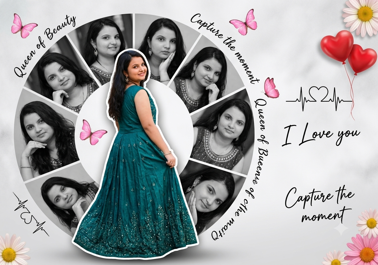 A romantic digital photo collage featuring a woman in a peacock green frock as the main cutout, surrounded by a semi-circular arrangement of black-and-white portraits, pink butterflies, heart balloons, and handwritten typography against a soft light grey
