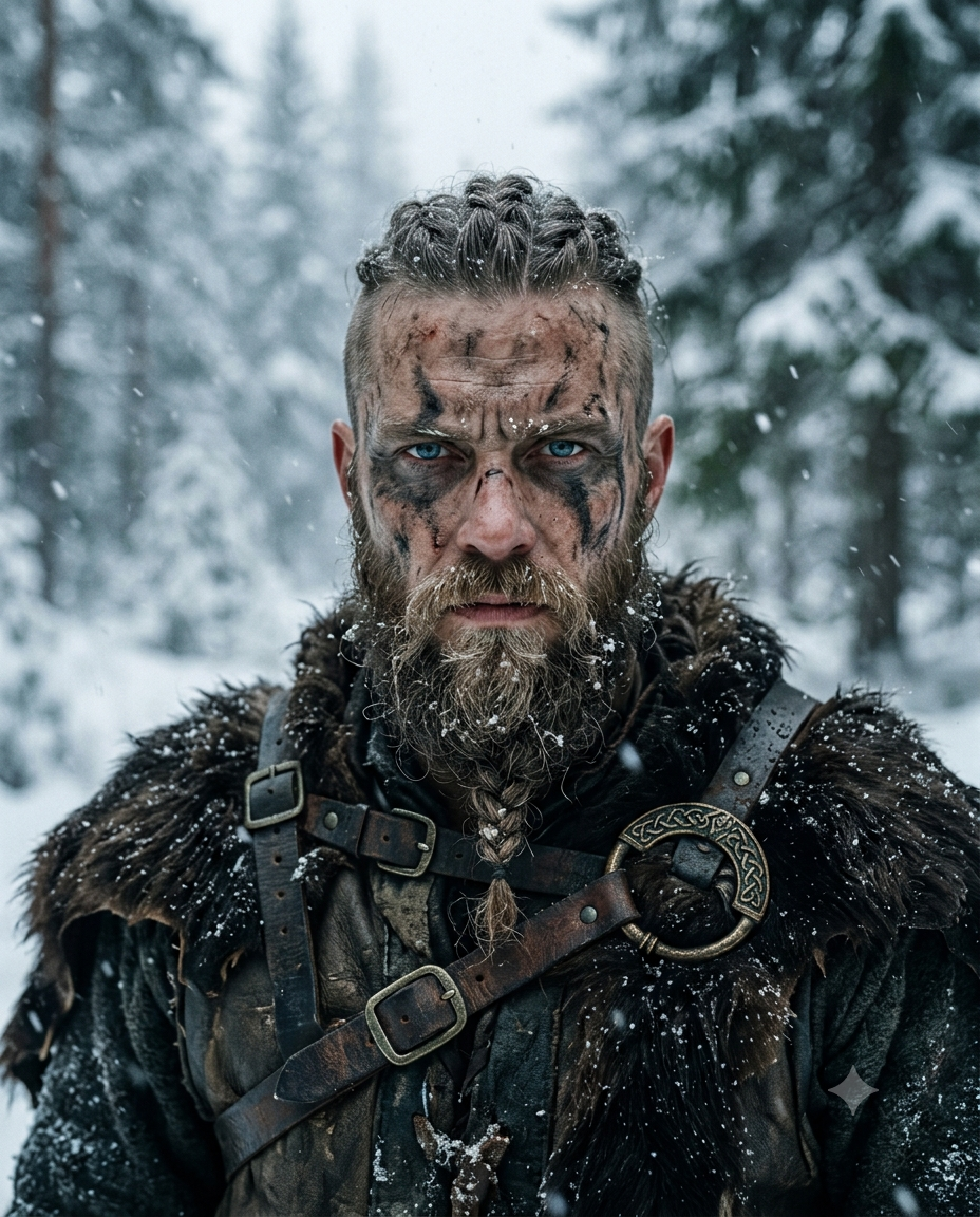 Cinematic, hyperrealistic portrait of a Viking man with shaved temples, crown braids, and a braided beard covered in snow. He has cold blue eyes, black war paint across his face, and wears bear-fur armor with leather straps and a Celtic brooch against a b