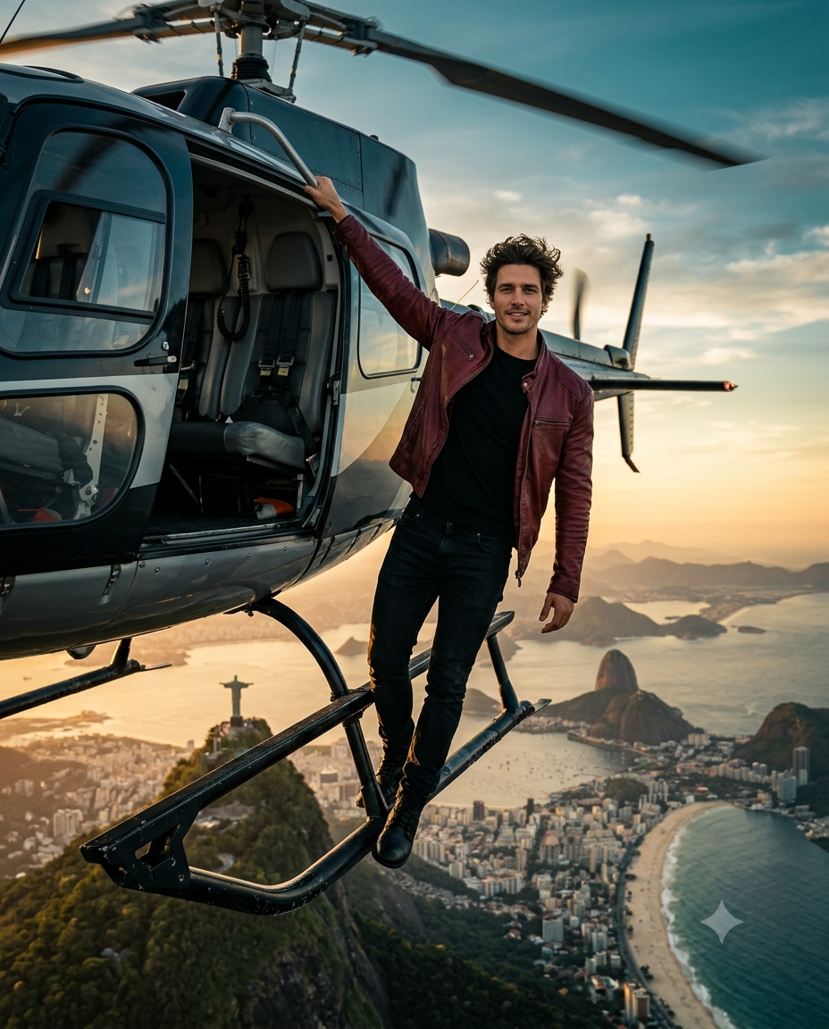 A stylish man in a burgundy leather jacket hanging outward from an open helicopter door with a scenic golden hour aerial view of Rio de Janeiro, Sugarloaf Mountain, and Christ the Redeemer in the background.