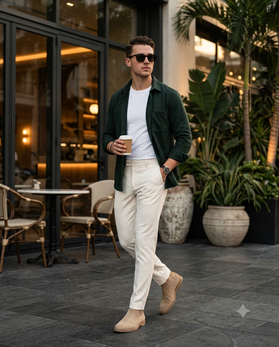 Man in Green Shacket Outside Cafe