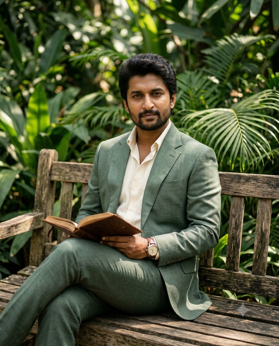 "A man in a sage-green suit sits on a weathered wooden bench in a lush botanical garden, holding an open book."