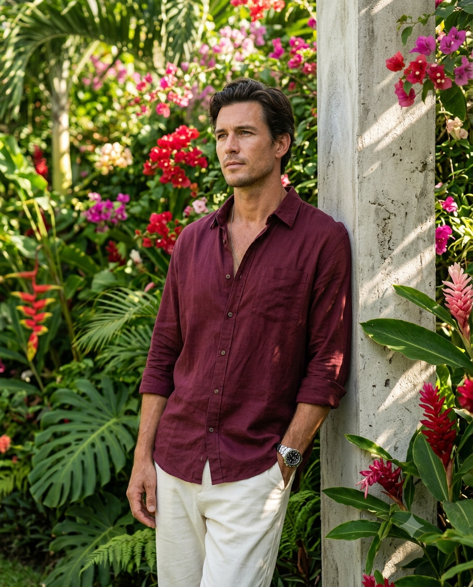Man in Maroon Shirt Tropical Garden Portrait