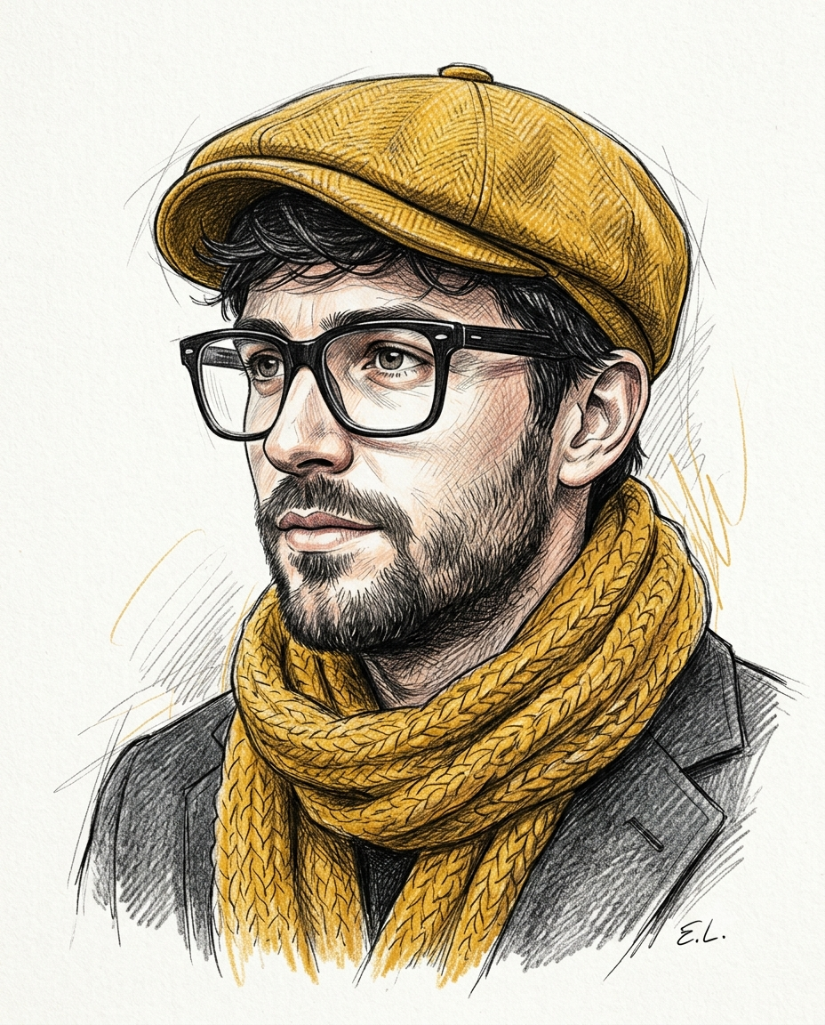 Man in Yellow Cap Colored Pencil Sketch