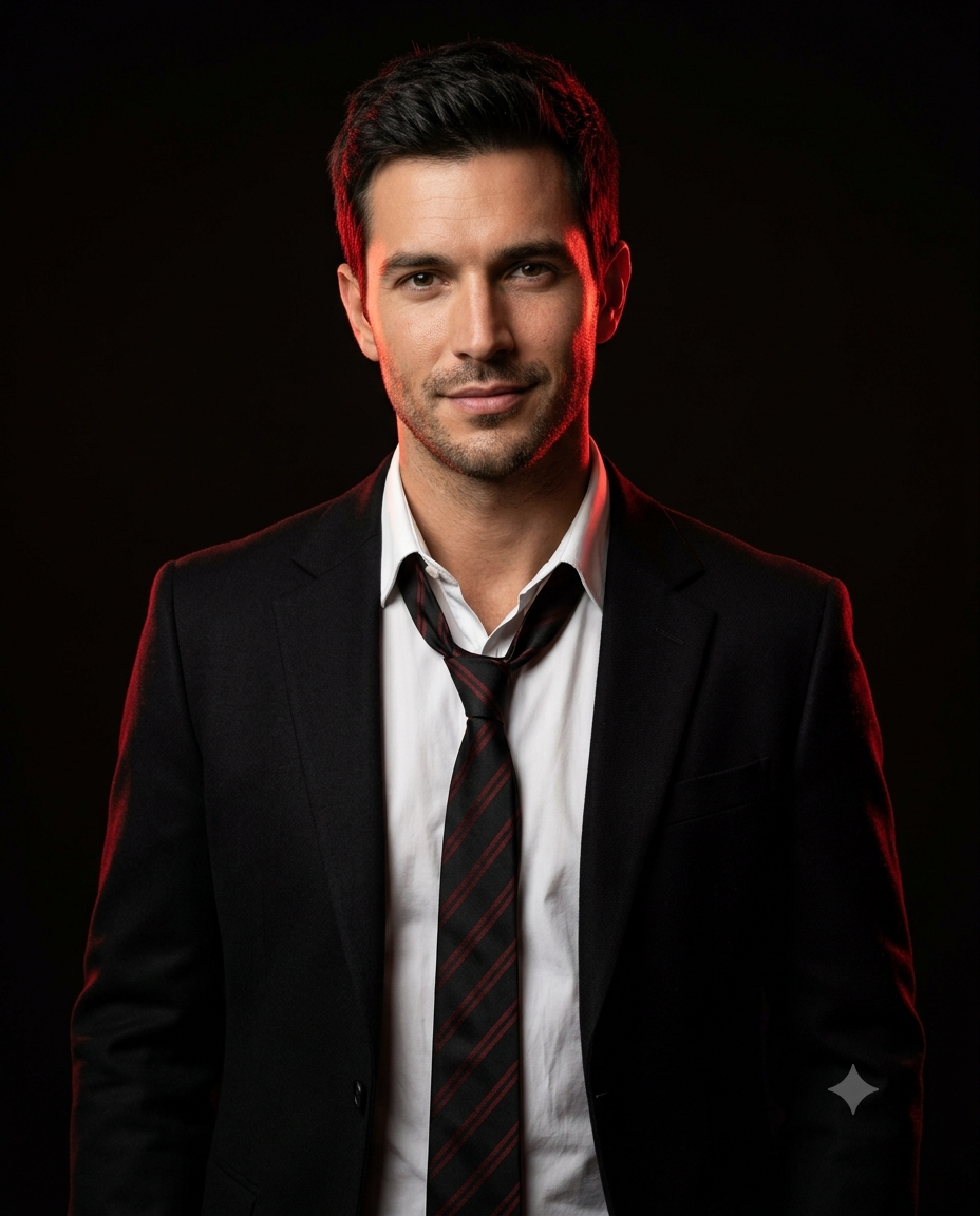 Man with Loosened Tie in Dramatic Red Lighting