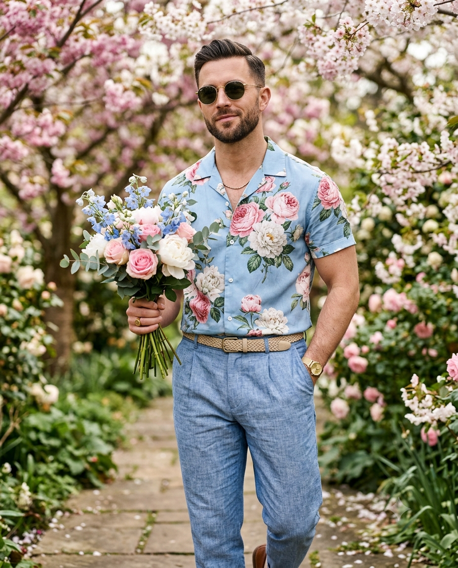 Man with Roses in a Sakura Garden