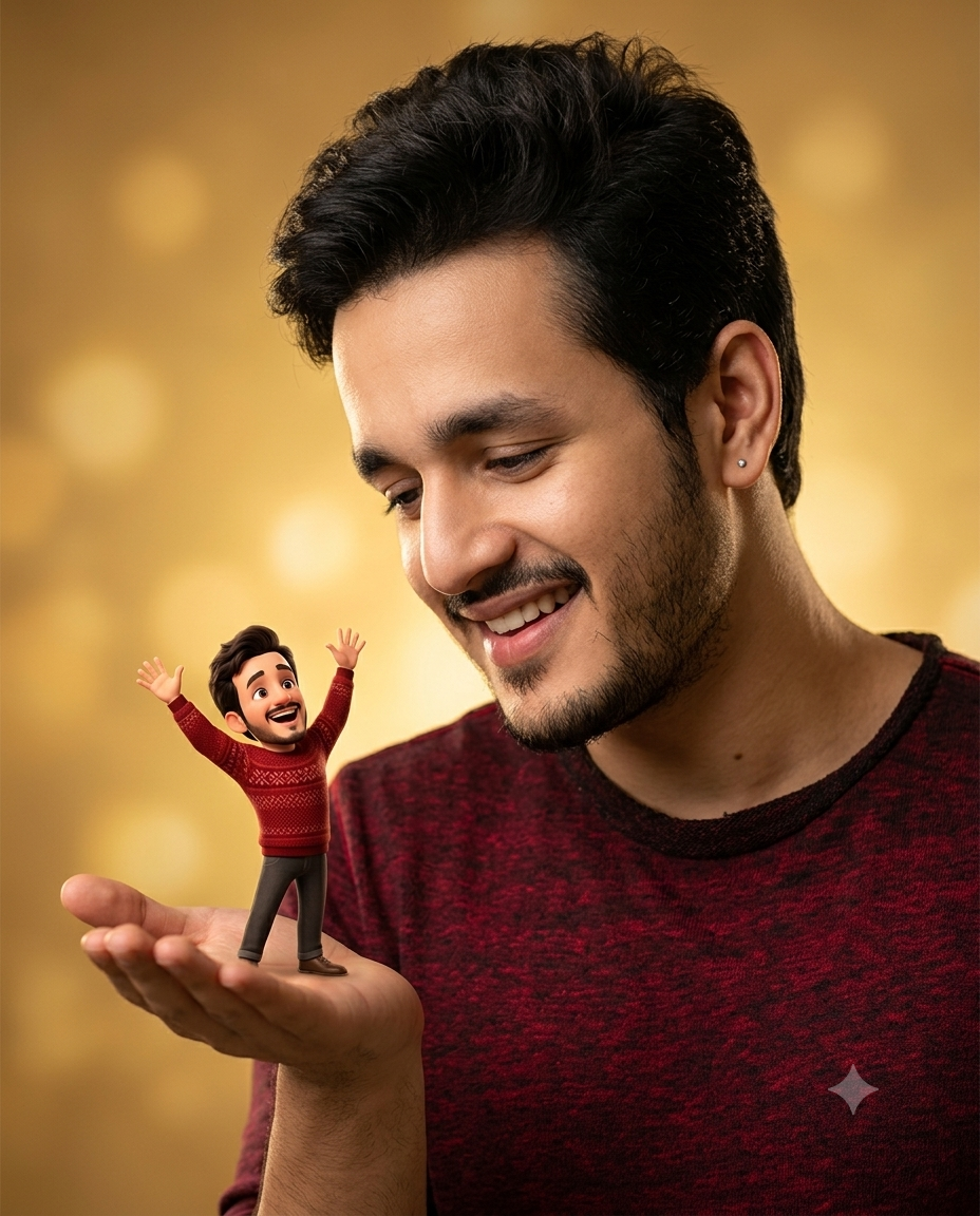 A photorealistic portrait of a smiling young man in a dark red sweater, looking down affectionately at a tiny, Pixar-style 3D animated miniature version of himself standing on his open palm against a warm golden bokeh background.