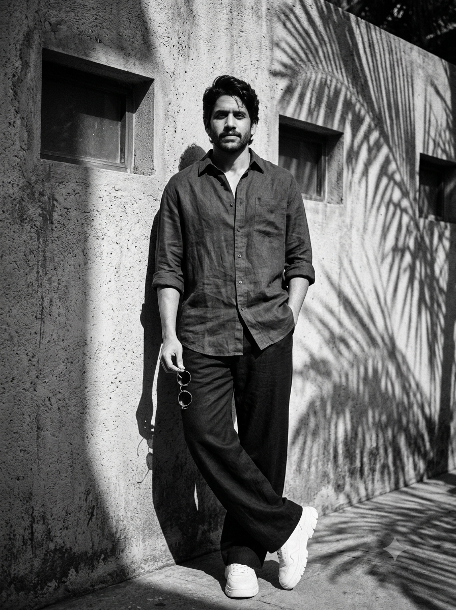Black and white editorial fashion portrait of Naga Chaitanya in an oversized linen shirt and chunky sneakers under strong midday sun.