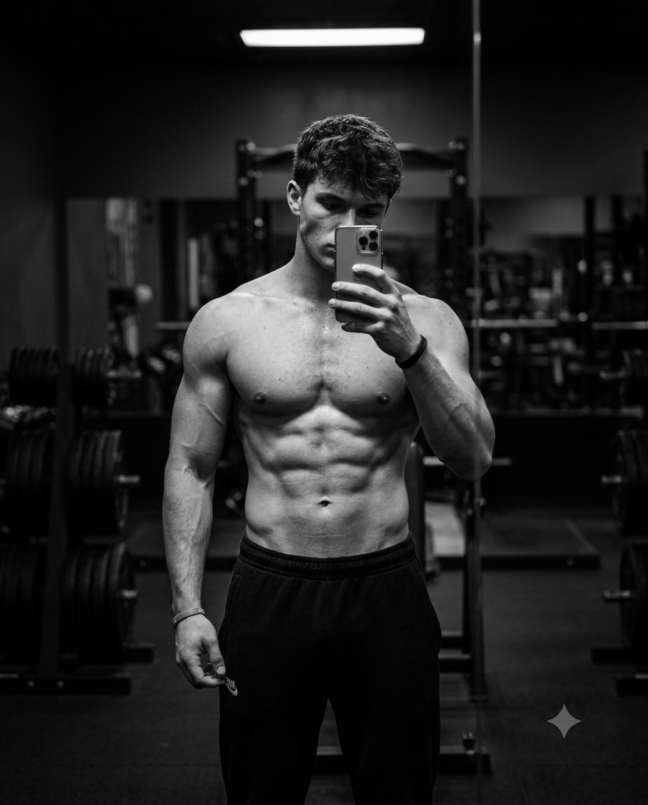 Muscular man takes selfie