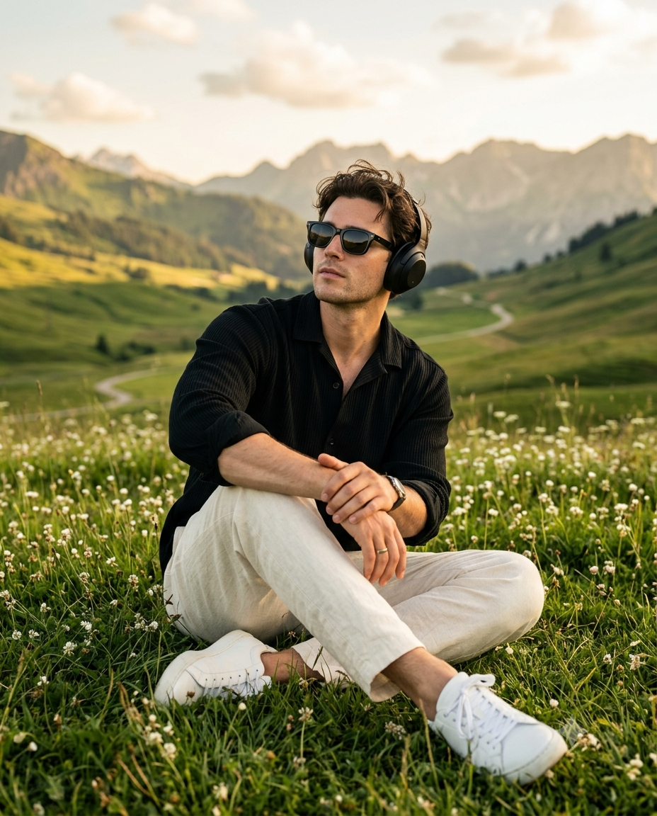 Peaceful Moment with Music in a Hilly Landscape