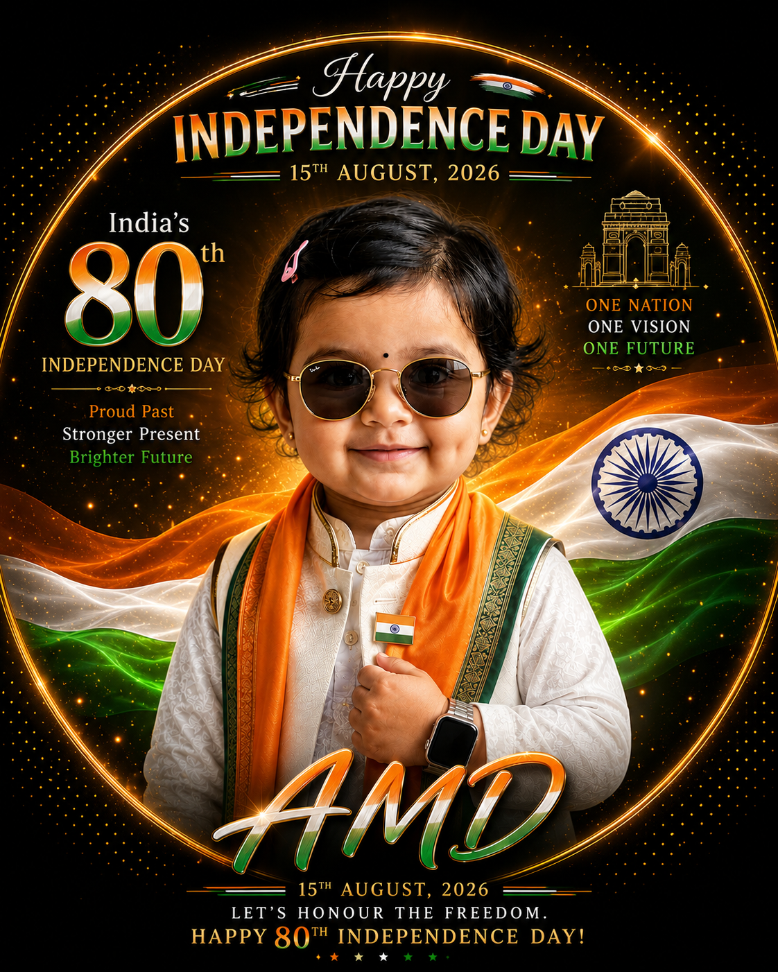 Premium Independence Day 2026 child portrait with Indian tricolor, Ashoka Chakra and luxury gold circular frame