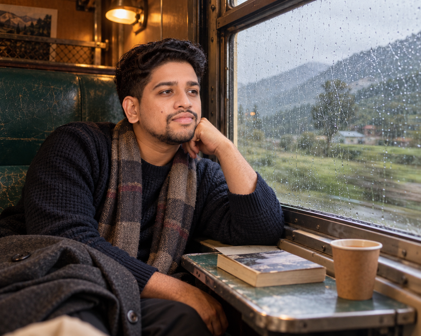 Uploaded person in a vintage train compartment looking out at rain-streaked green countryside