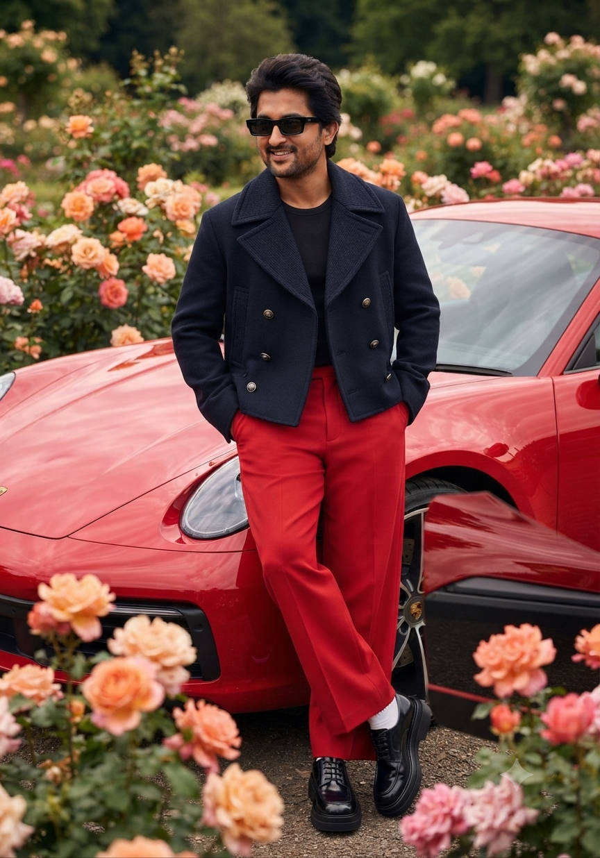 Handsome man with dark sunglasses, a cropped navy double-breasted wool pea coat, and wide-leg bright red trousers leaning casually on the hood of a glossy red Porsche 911. The scene is set outdoors in a lush rose garden with blurred pink and peach flowers