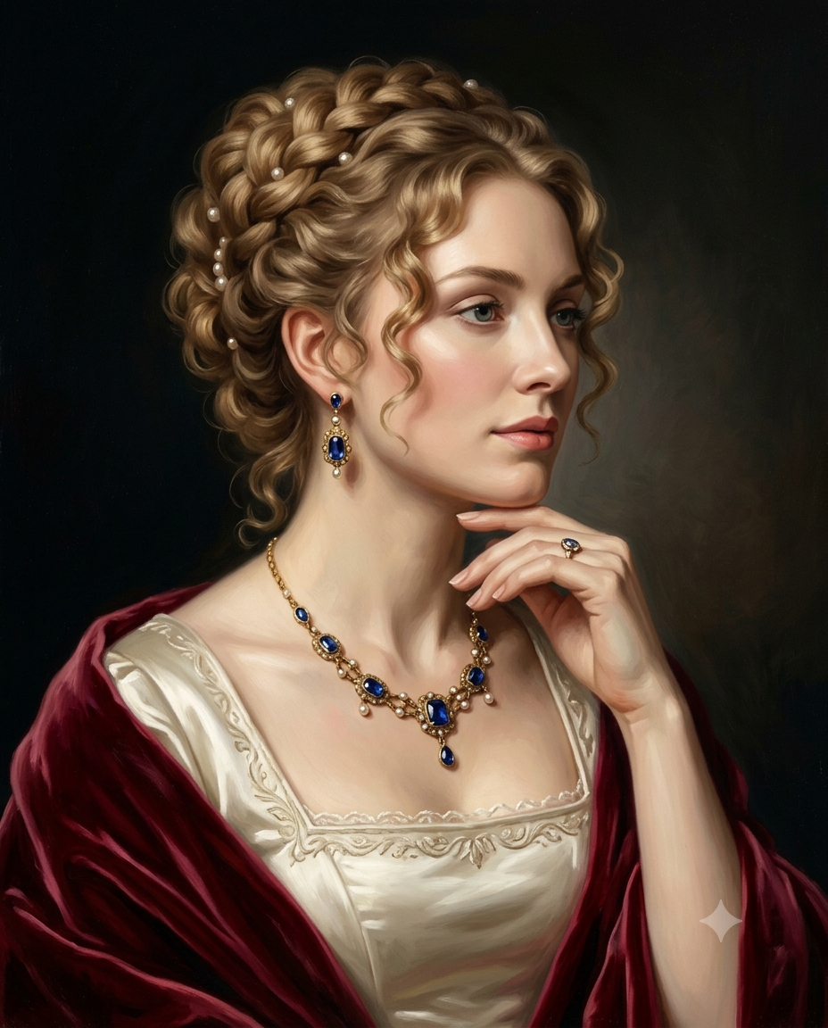 Digital portrait of a noblewoman in Renaissance fine-art painterly style, featuring curly blonde updo with pearls, sapphire and gold jewelry, ivory satin dress, crimson velvet shawl, and dark background.