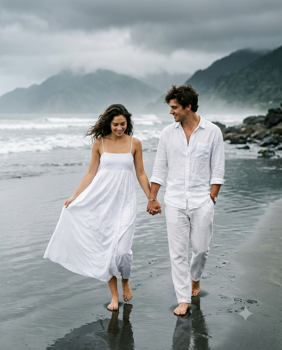 Romantic Couple Walking on Beach