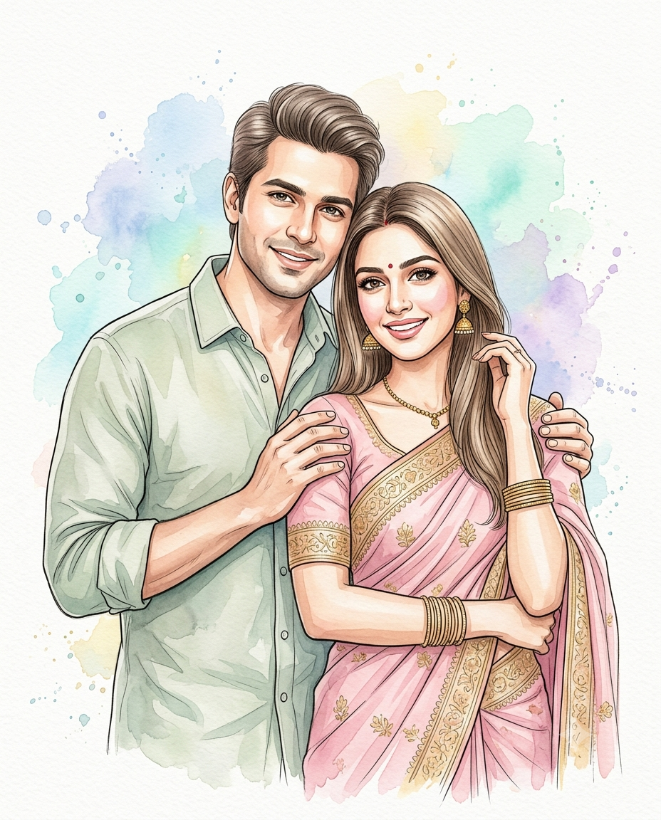 Romantic Desi Couple Illustration with Floral Splash