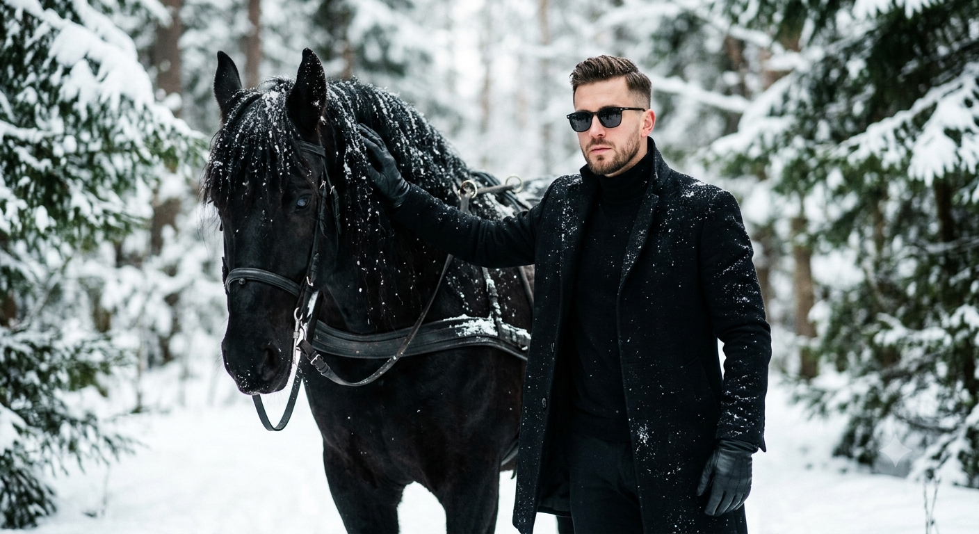 Stylish man holds horse