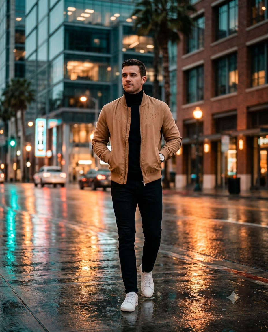Stylish Man Walking on City Night