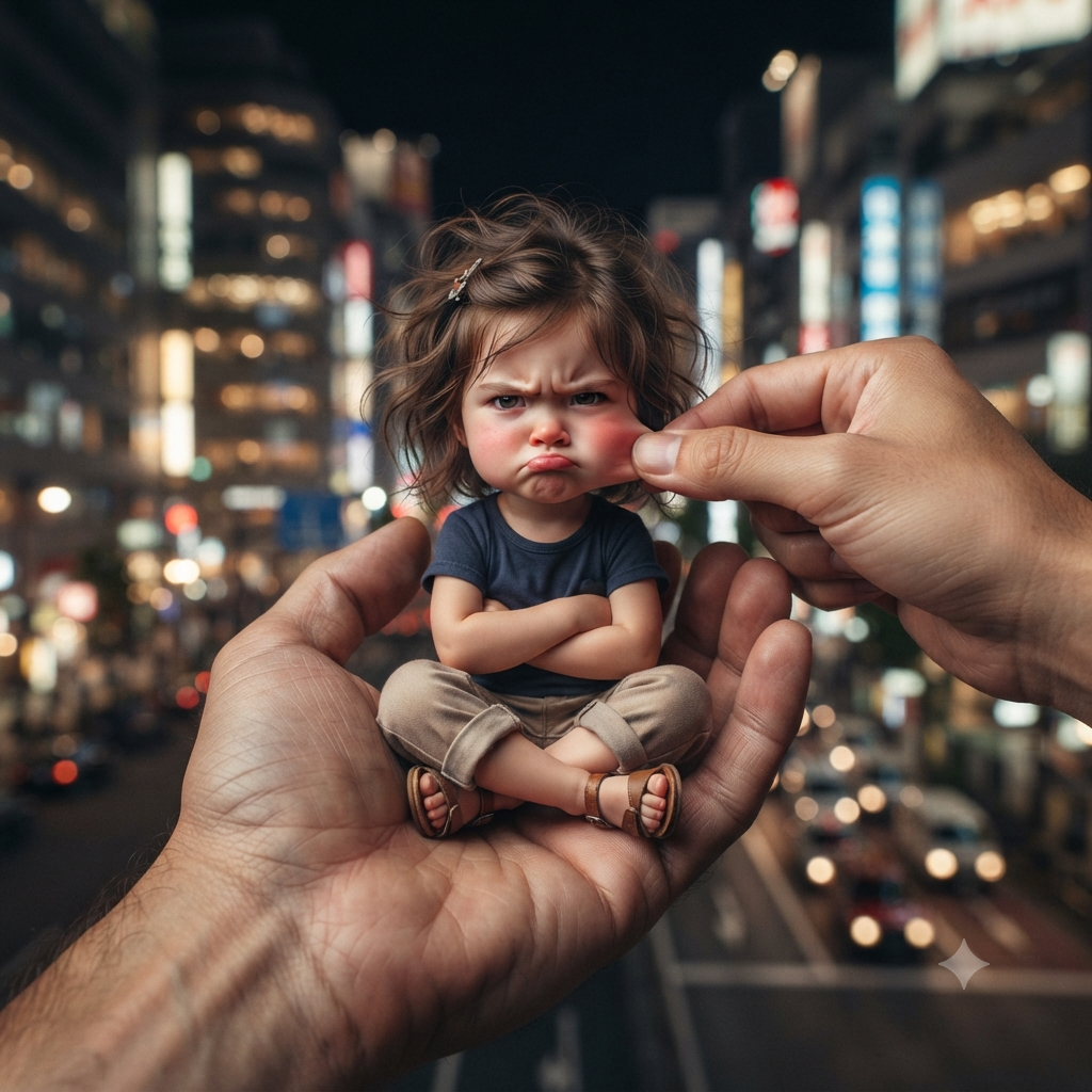A close-up photograph of a tiny, stylized character with a large head and a small body sitting cross-legged in a human hand, with an angry yet cute pout, while a second hand playfully pinches its cheek against a blurred city night background filled with b