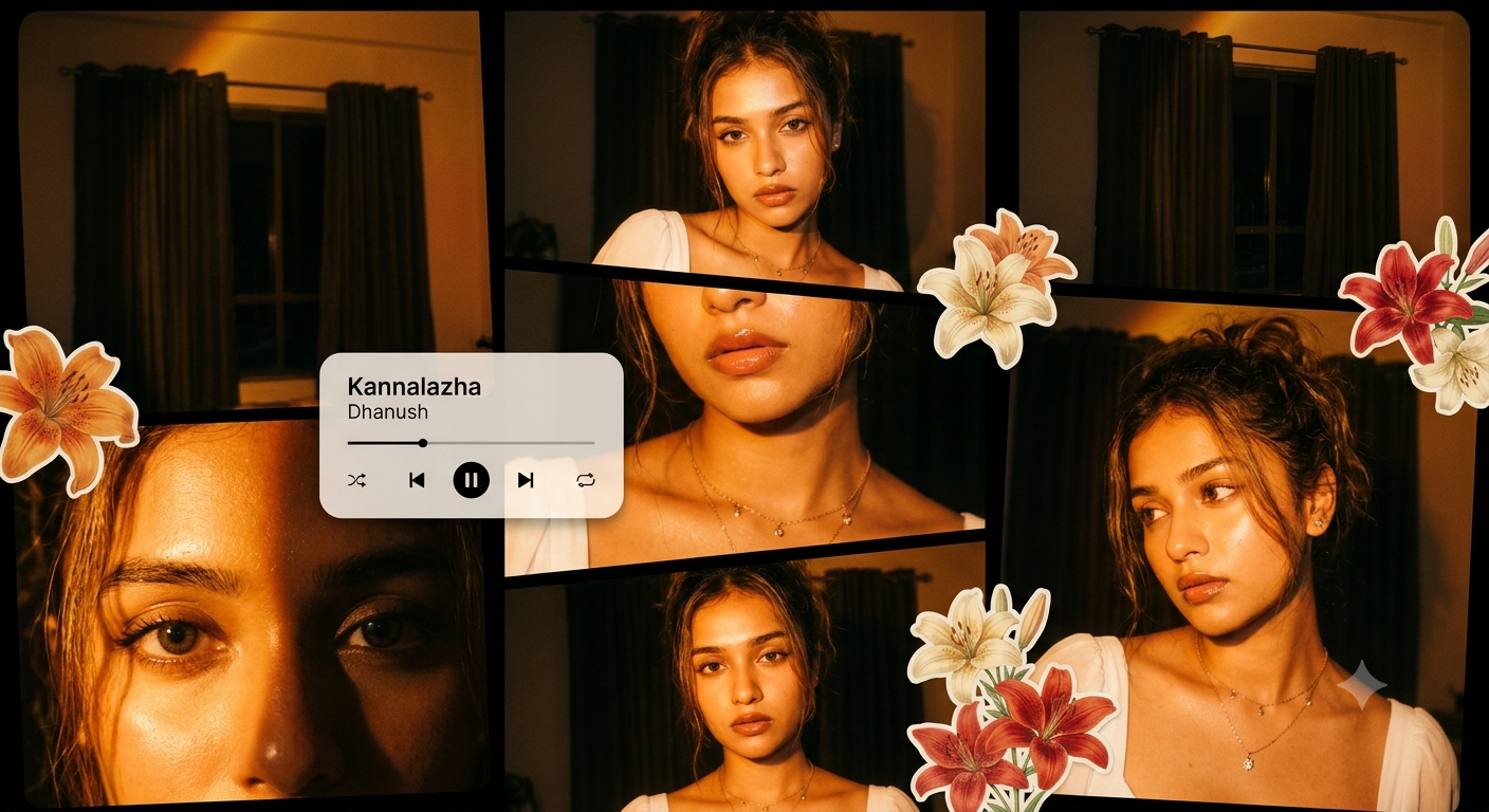 Ultra-realistic cinematic collage of a young woman