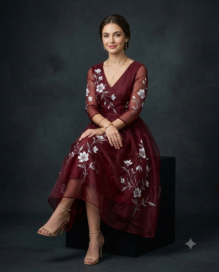 Woman in a Burgundy Floral Dress